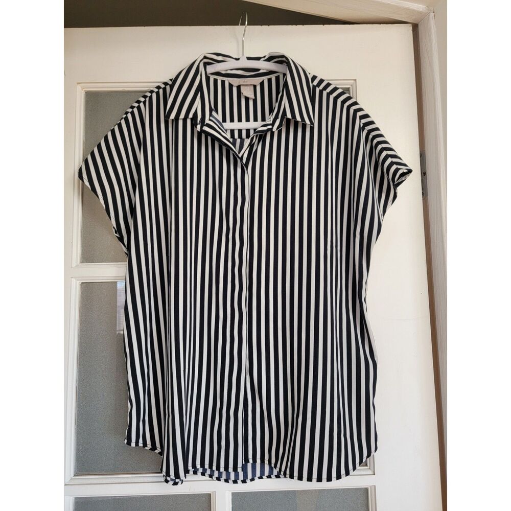 H&M Navy White Vertical Stripe Cap Sleeve Button Front Blouse S Small
